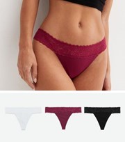 New Look 3 Pack Burgundy White and Black Lace Waist Thongs